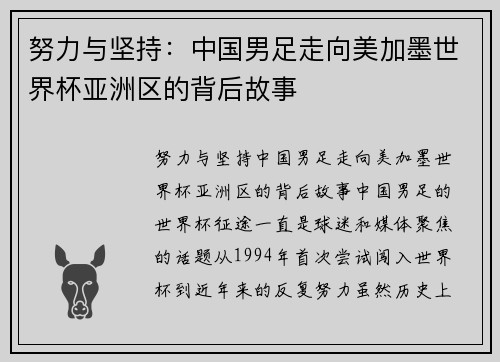 努力与坚持：中国男足走向美加墨世界杯亚洲区的背后故事