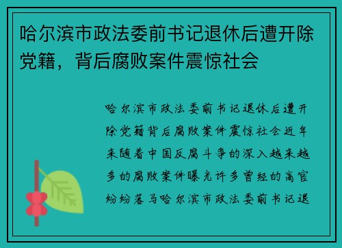 哈尔滨市政法委前书记退休后遭开除党籍，背后腐败案件震惊社会