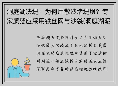 洞庭湖决堤：为何用散沙堵堤坝？专家质疑应采用铁丝网与沙袋(洞庭湖泥沙)